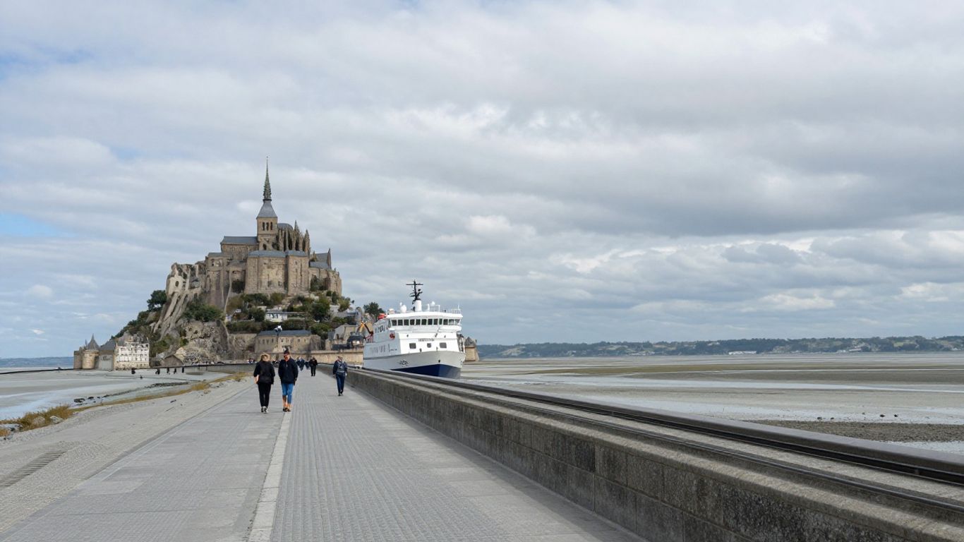 Shuttle crossing the mainland toward Mont Saint-Michel