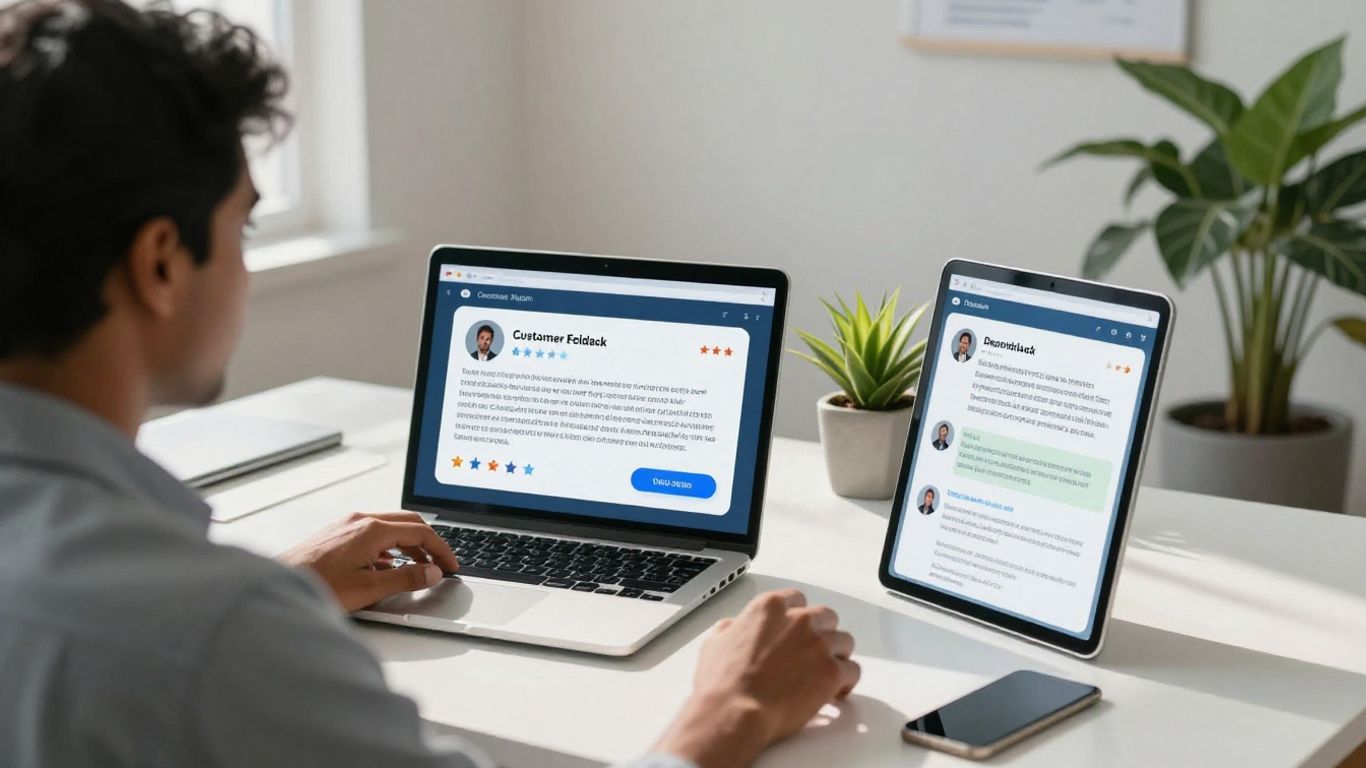 Person managing online reviews on a laptop in an office.