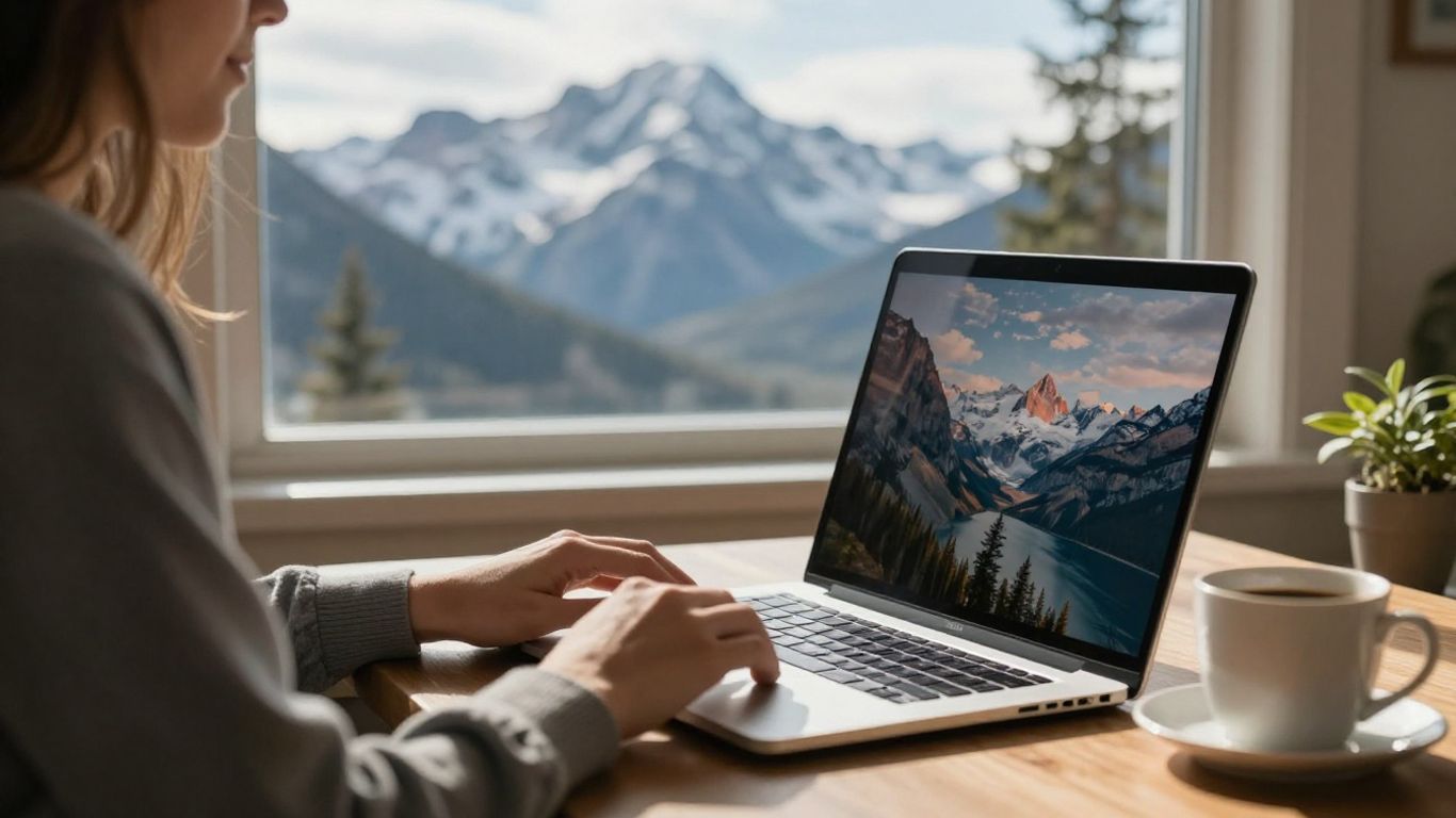 Digital nomad working with Canadian mountains view.