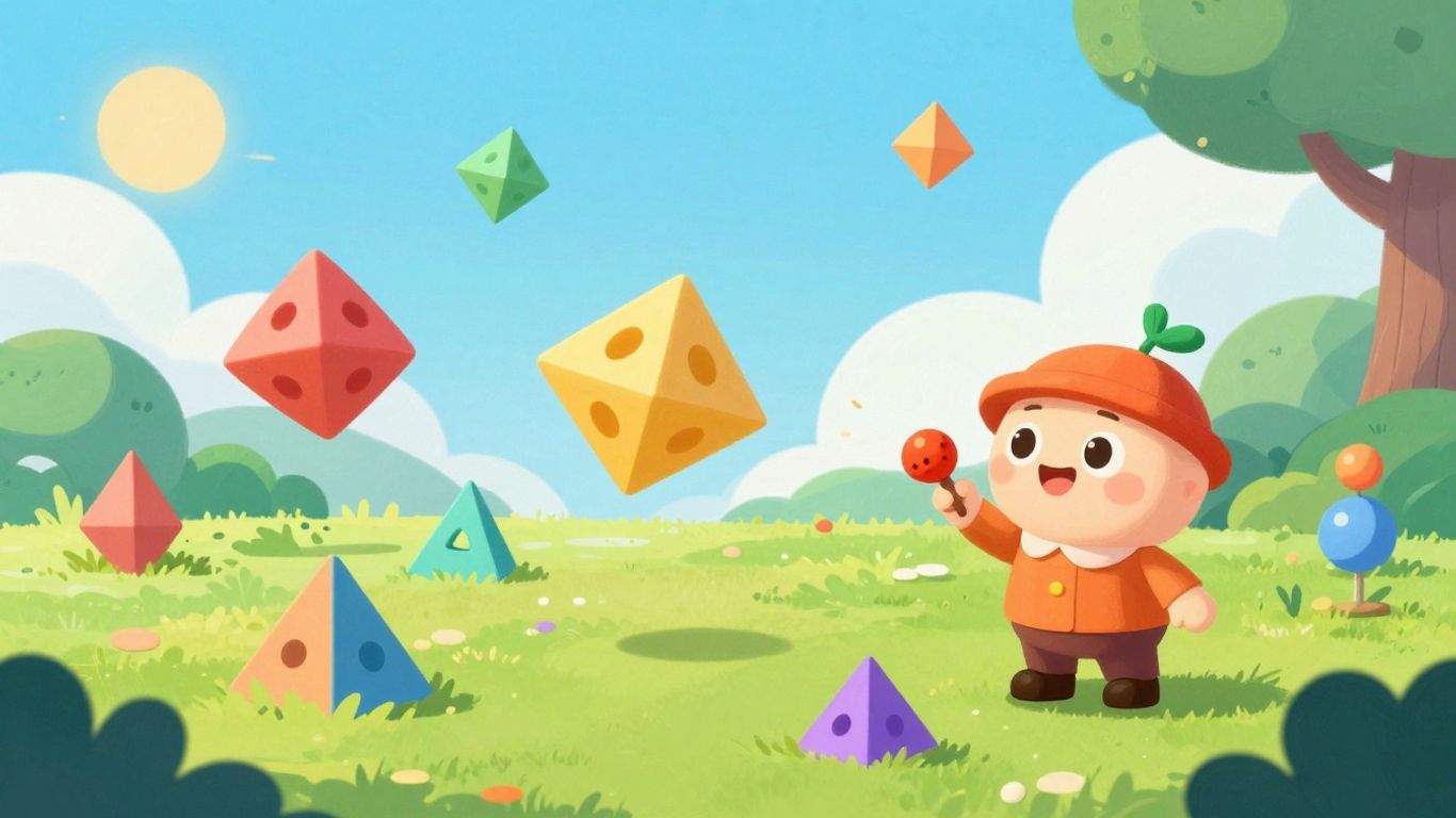 Colorful math game scene with floating shapes and character.