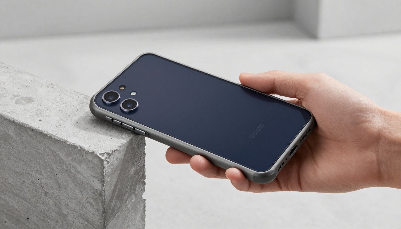 A person in a workshop accidentally dropping their Samsung Galaxy S26 Ultra, which is protected by a rugged case, onto a concrete floor.