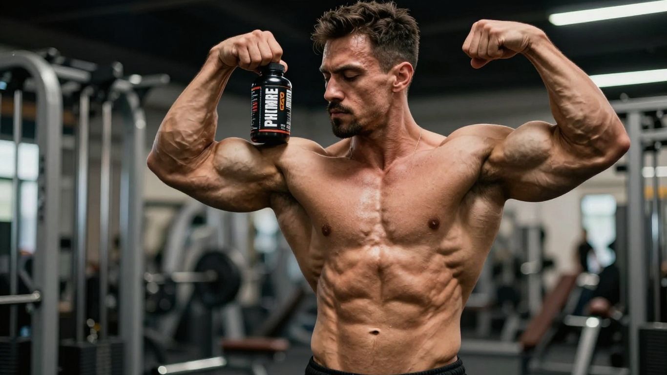 Man with abs holding PrimeShred fat burner bottle.