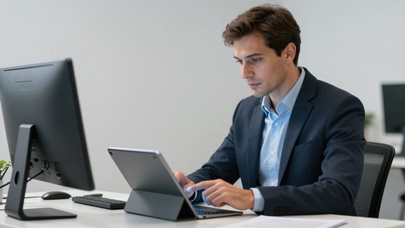 Person arbeitet mit digitalem Werkvertrag auf Tablet.