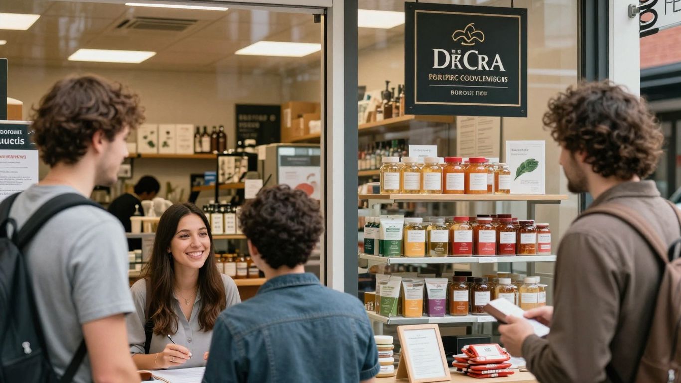 Local business interior and exterior with happy customers.