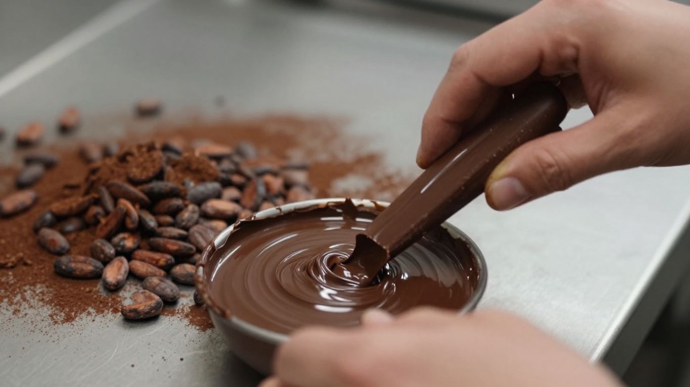 Hands tempering melted chocolate with cocoa beans nearby.