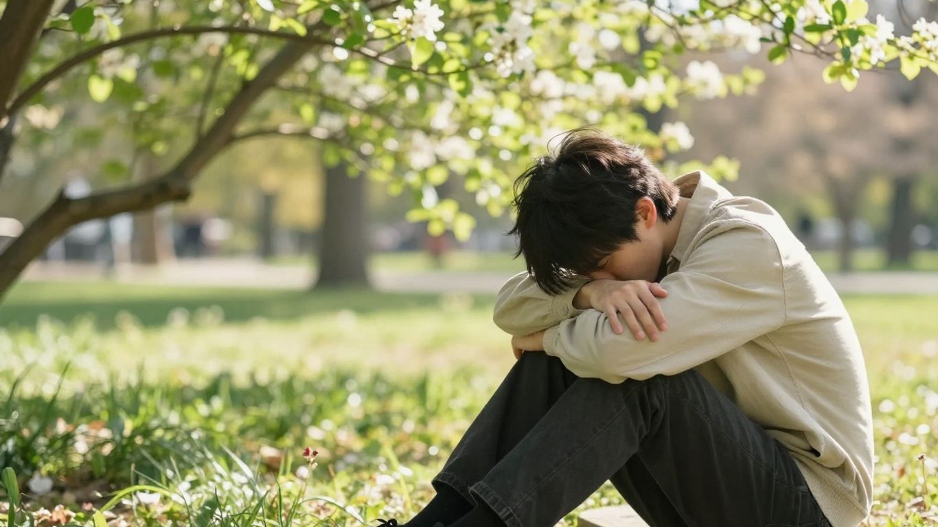 Müde Person im sonnigen Park im Frühsommer