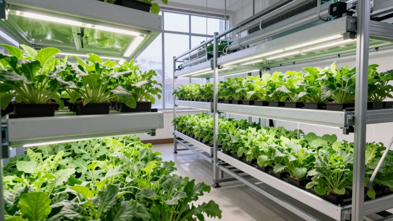 Dyson's vertical farm with lush green plants and advanced technology.