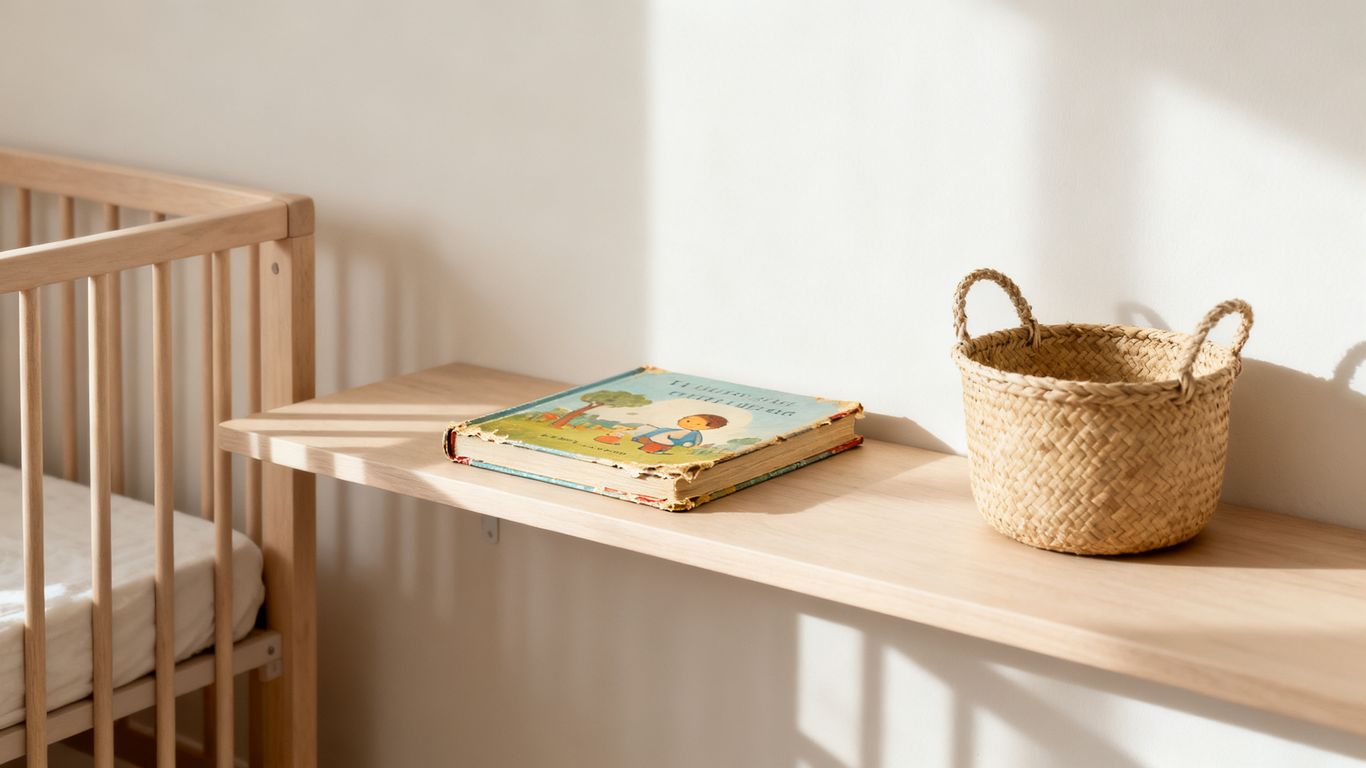 Minimalist nursery with a single book on a shelf.
