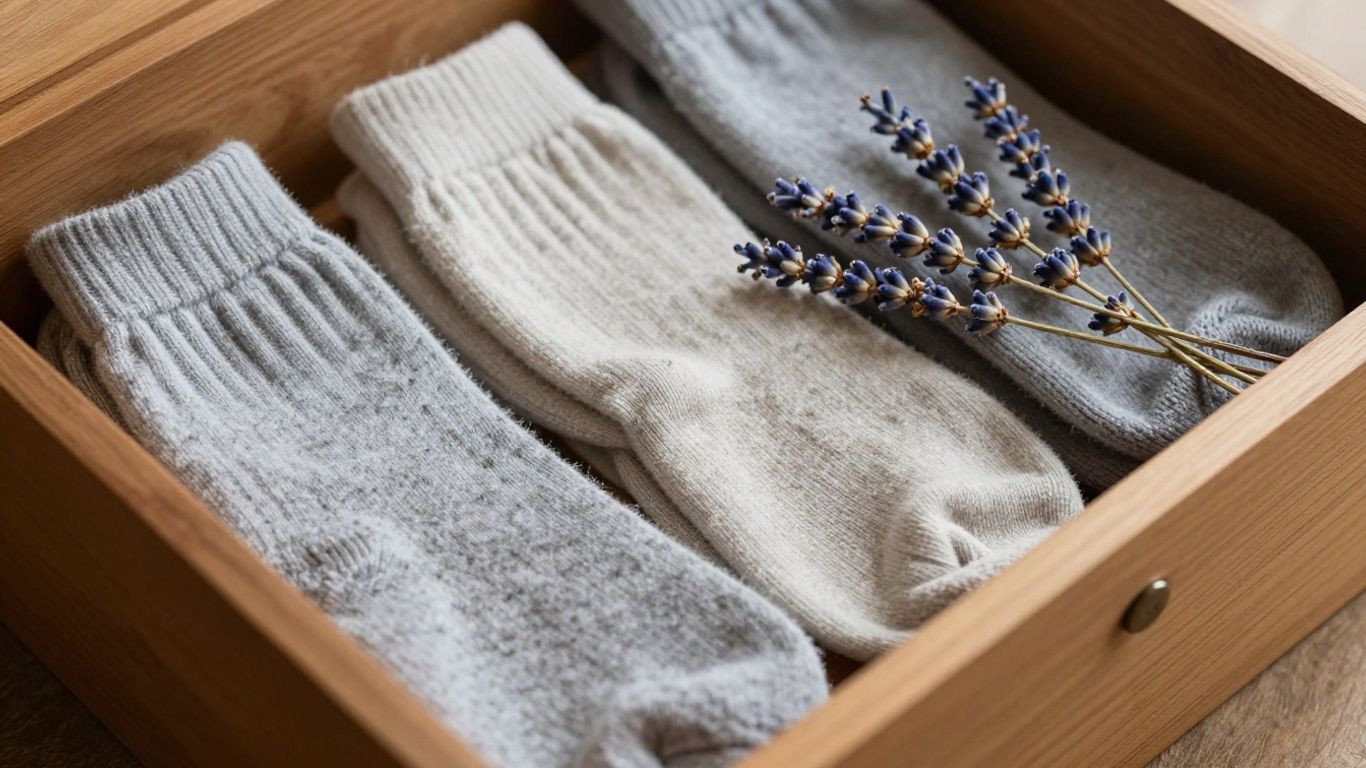 Wool socks stored with lavender to prevent moth damage.
