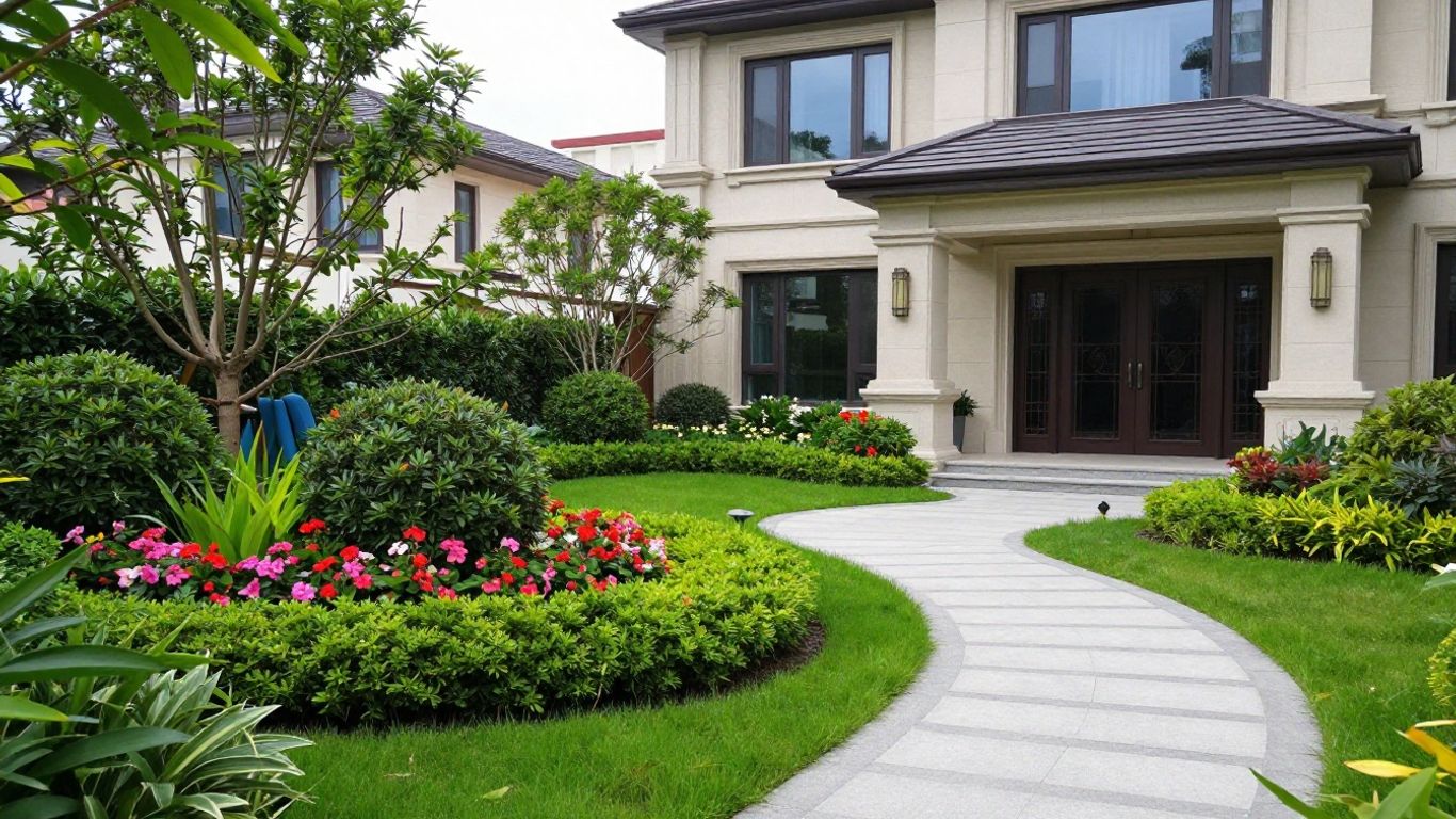 Elegant garden leading to a modern upscale home.
