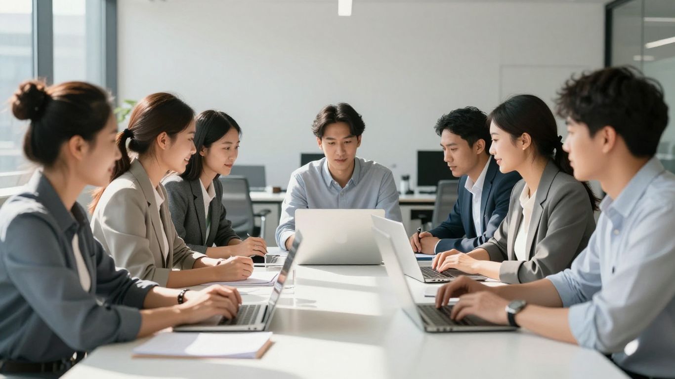 Diverse team collaborating in a bright, modern office.