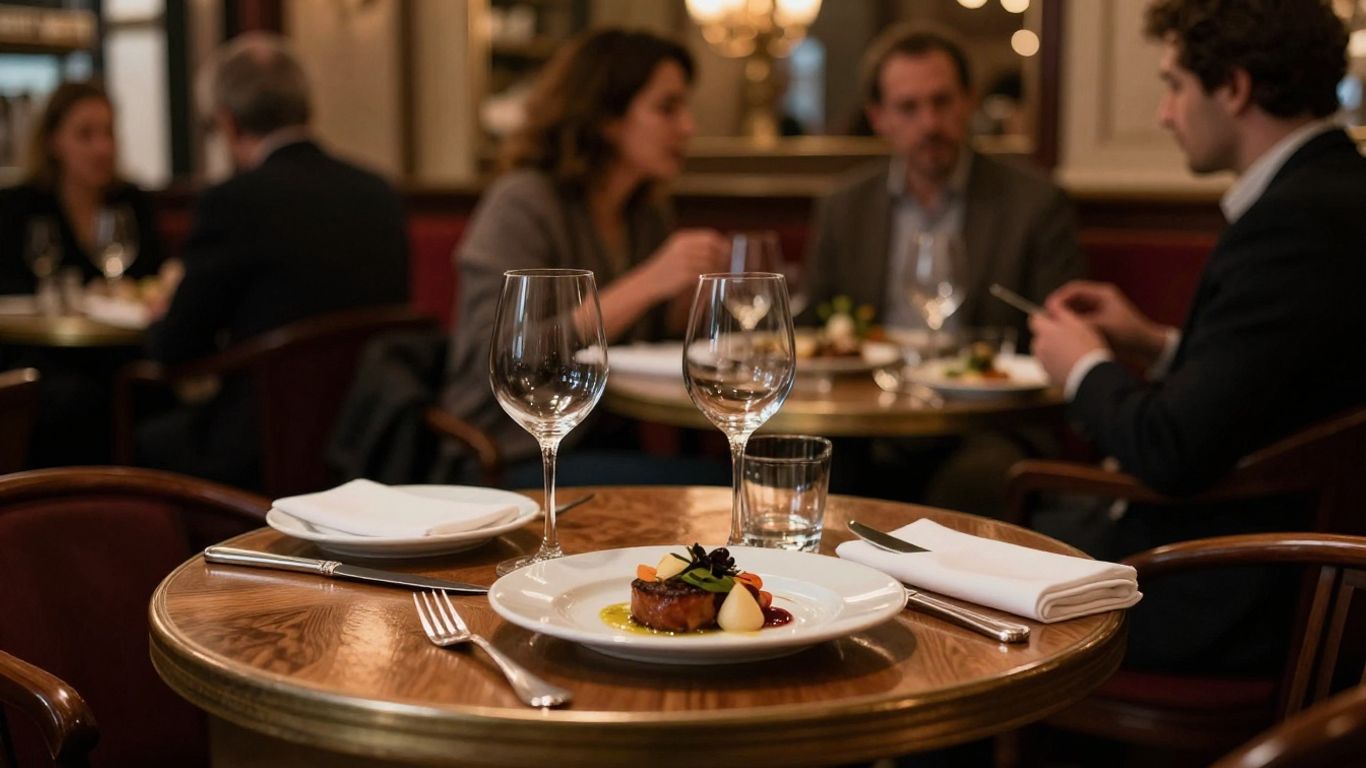Elegant Parisian bistro interior with warm lighting and fine dining.