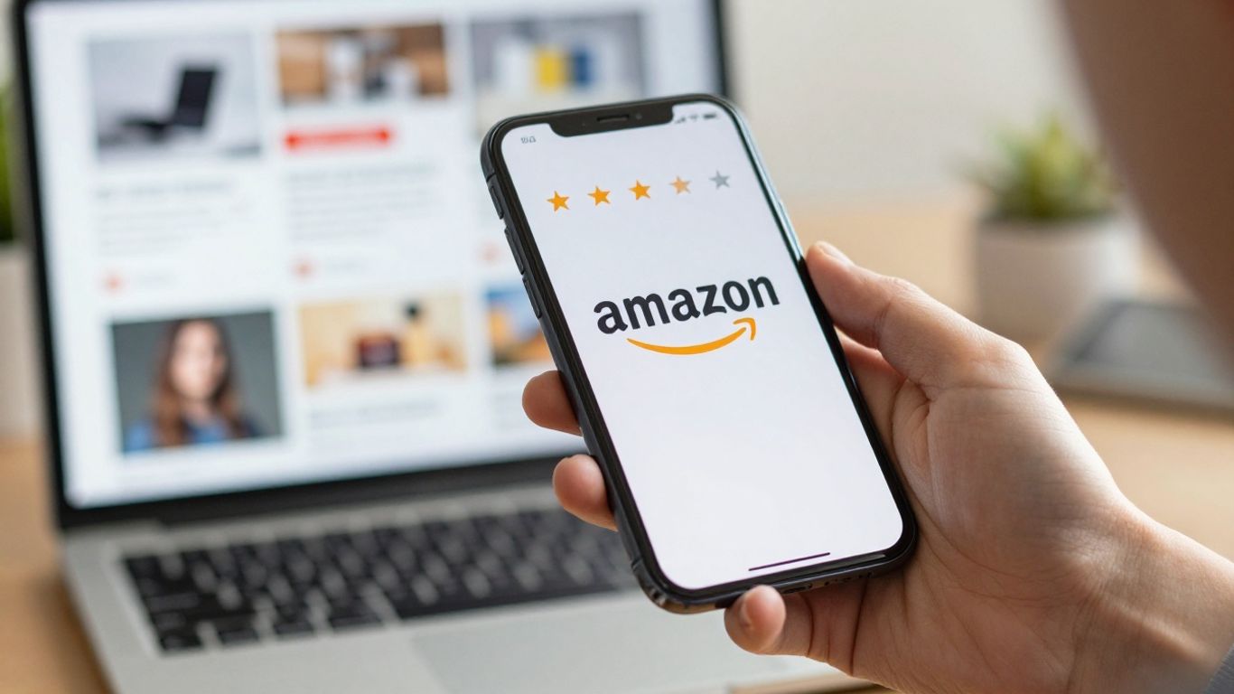 Amazon logo on a smartphone screen with reviews.