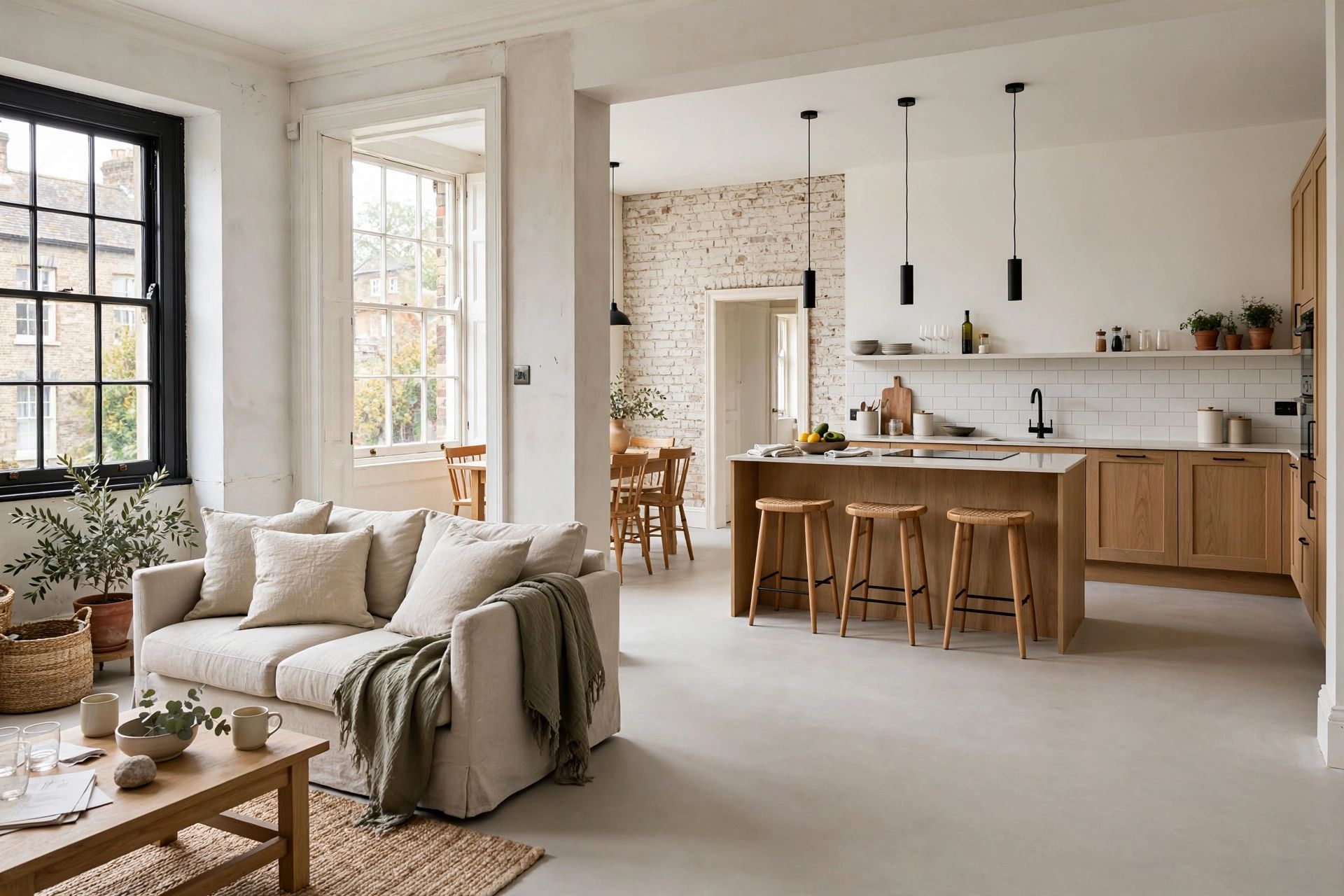 A light-toned microcement floor running seamlessly through a renovated Bristol home