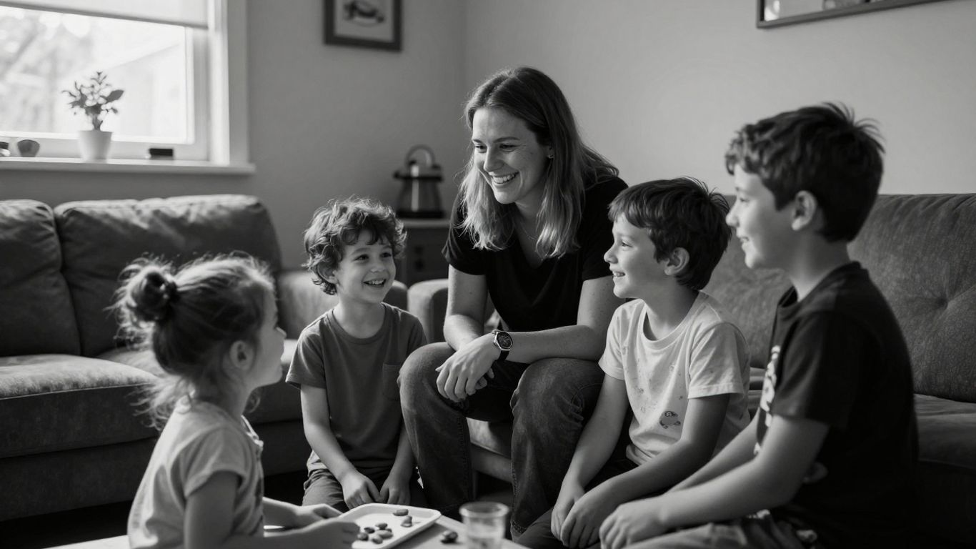 Dieuwertje Blok met haar kinderen in huiselijke sfeer.