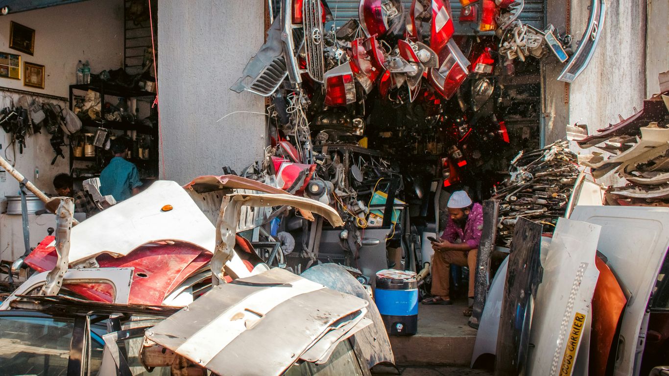 Automotive parts shop with many car components displayed