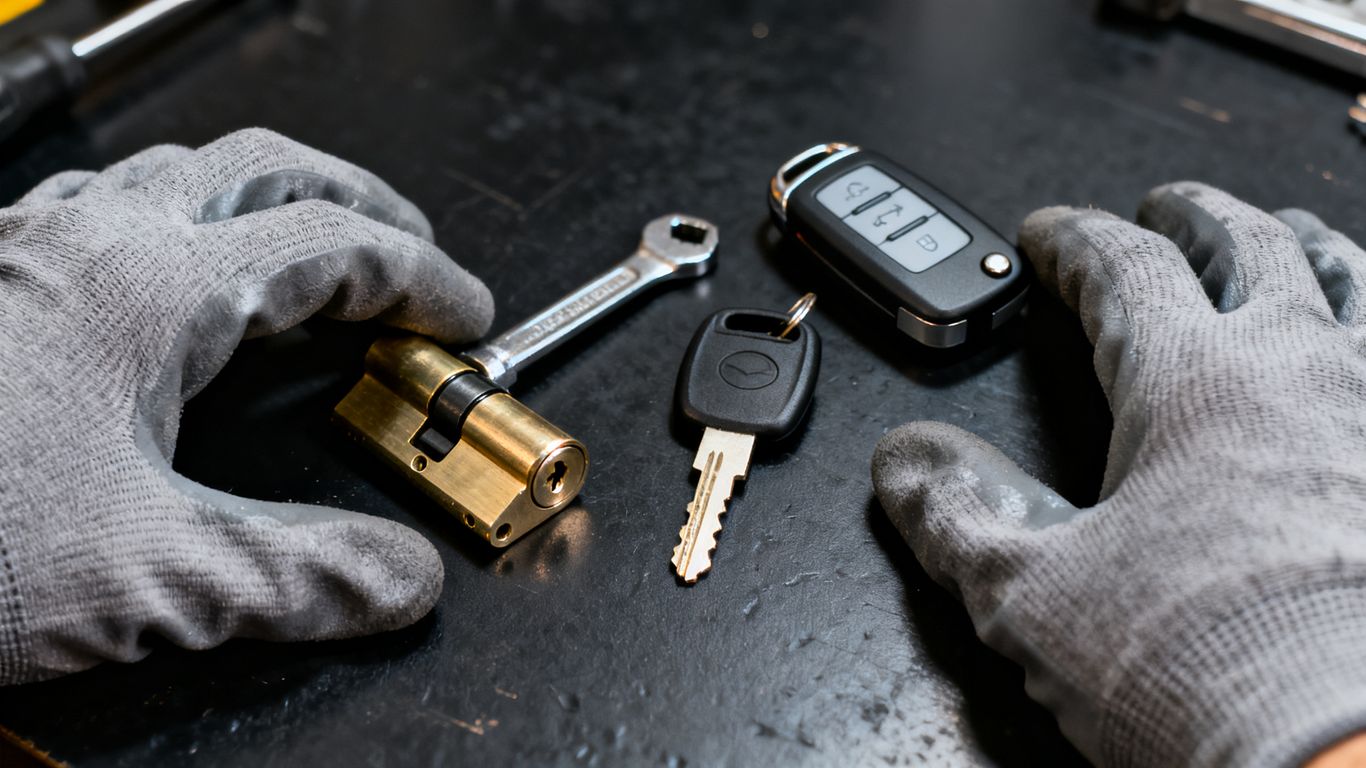 Close-up of modern lock hardware and vehicle key