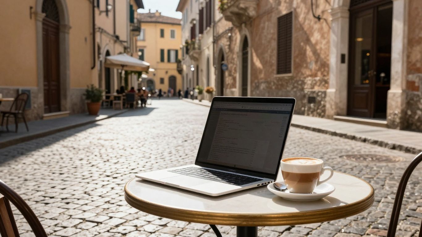 Laptop on a cafe table in Italy
