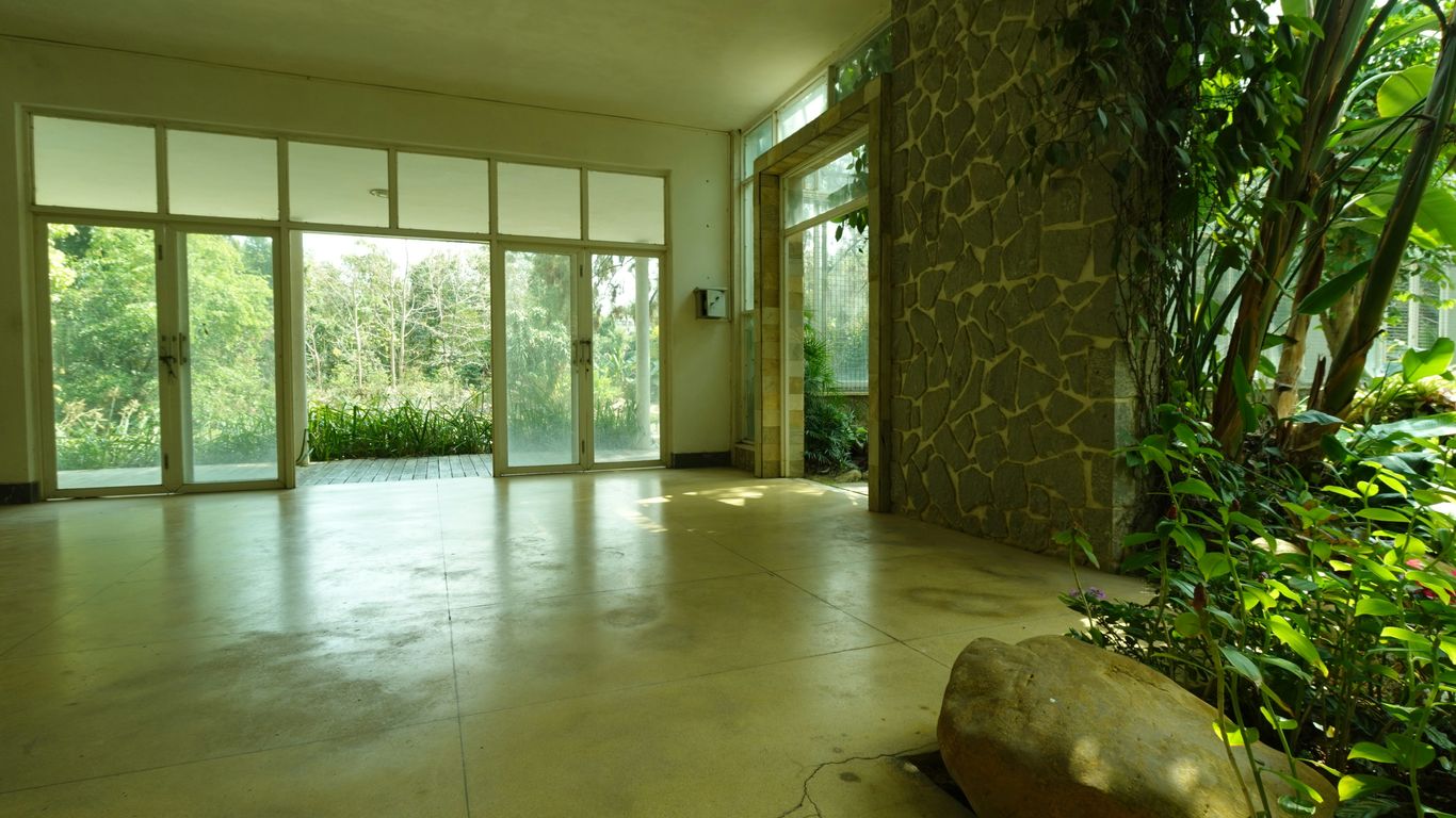 Empty room with large windows and lush greenery