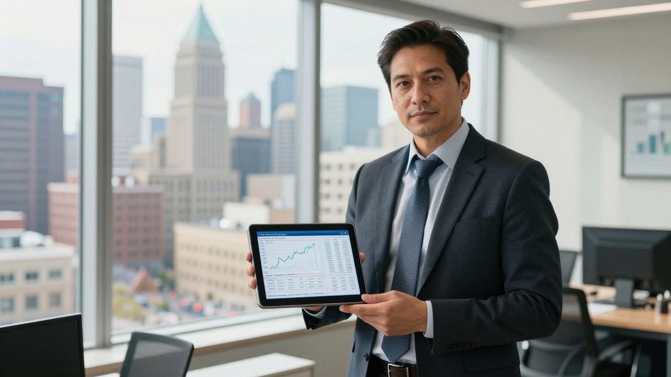 Pittsburgh broker with financial data tablet.