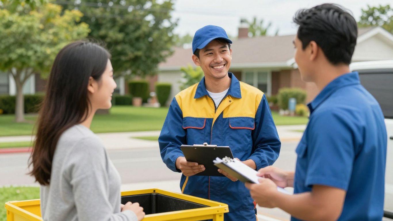Technician shakes hands with happy customer outside service van.