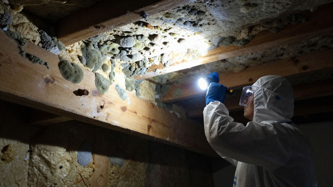 Attic mold growth on wooden beams and insulation.