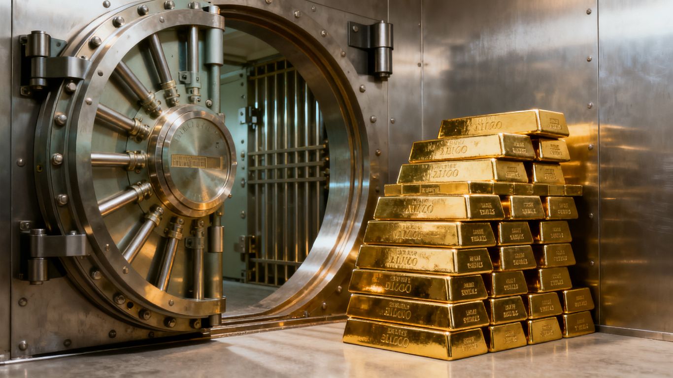 Gold bars beside a secure bullion vault