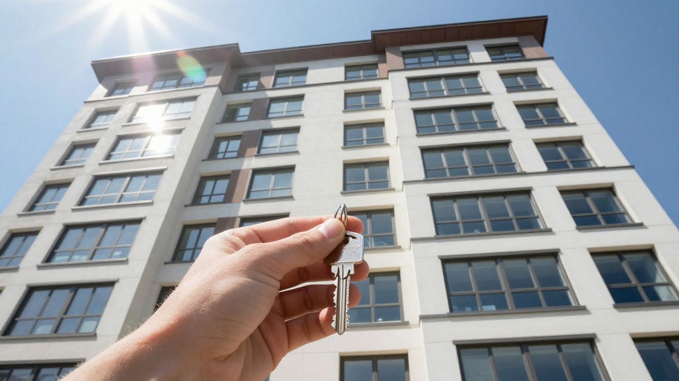 Clădire modernă de apartamente cu o mână ținând o cheie.