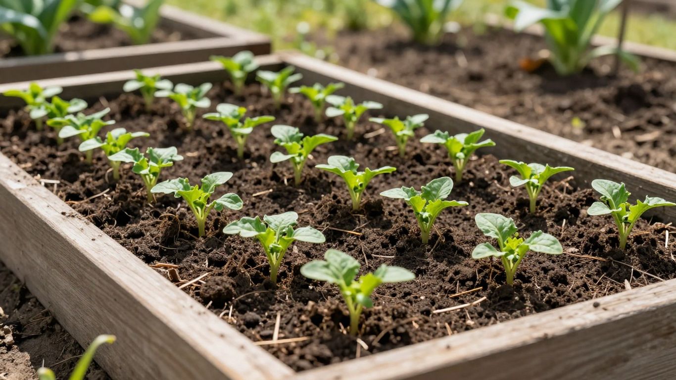 Hochbeet mit Erde und jungen Pflanzen im Frühling