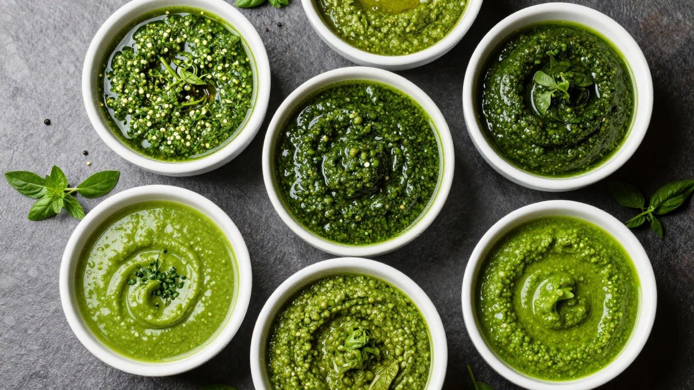 Assortment of fresh herb sauces like chimichurri, zhug, and pesto.