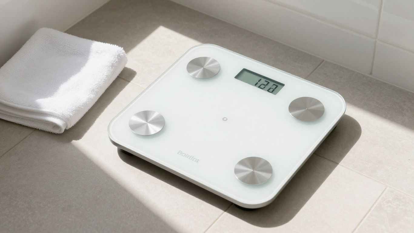 Digital bathroom scale on a tiled floor.
