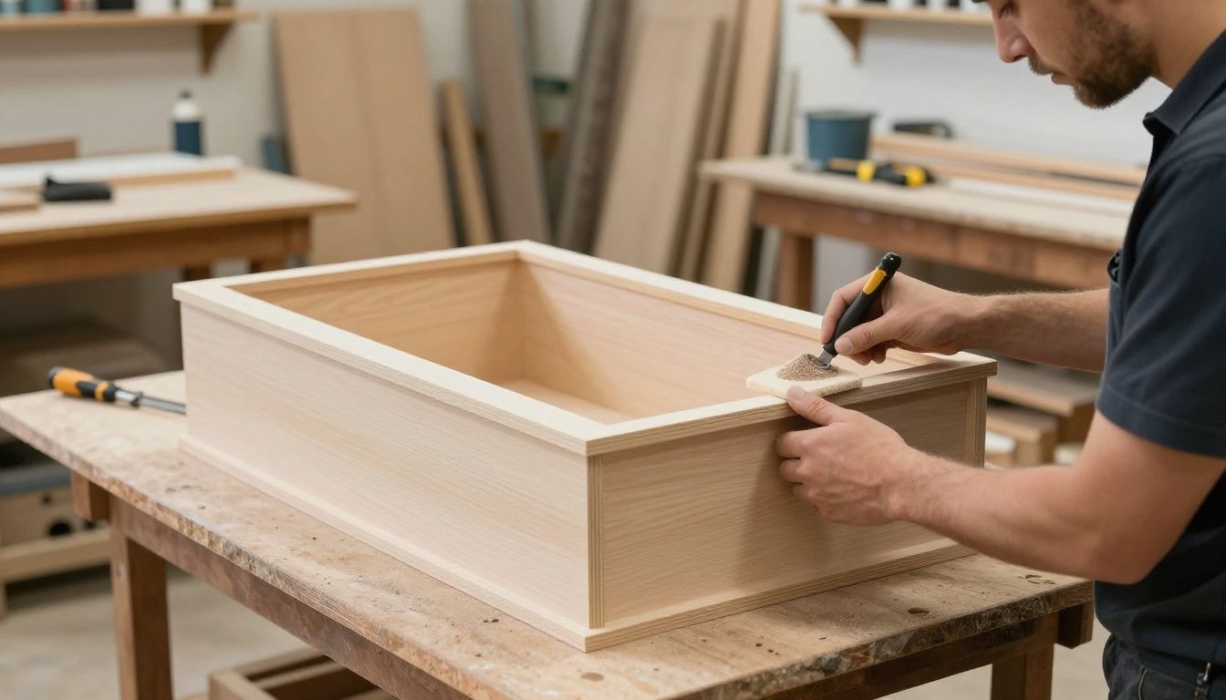Cabinet maker assembling a wooden cabinet in a workshop.