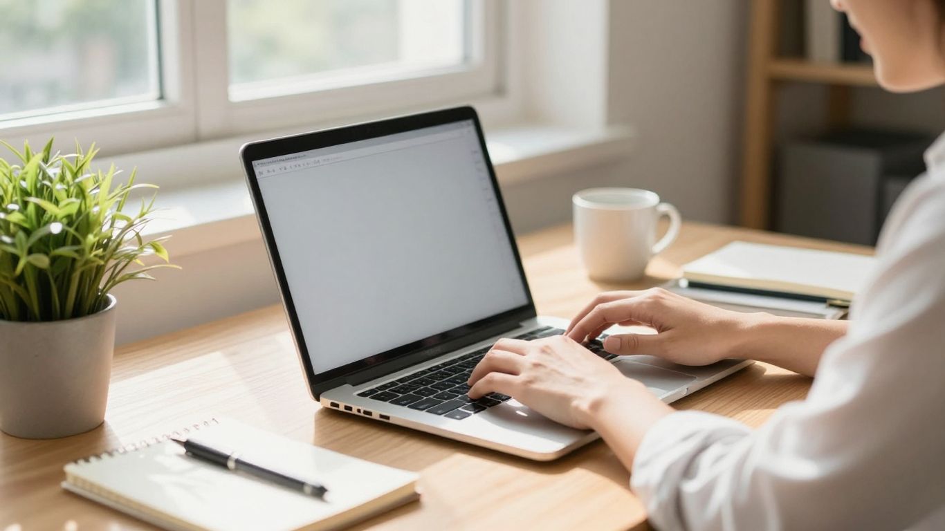 Personne écrivant sur un ordinateur portable dans un bureau lumineux.