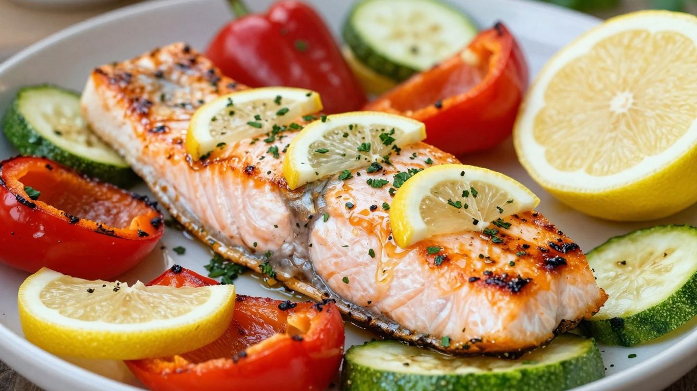 Healthy grilled salmon and vegetables on a platter.