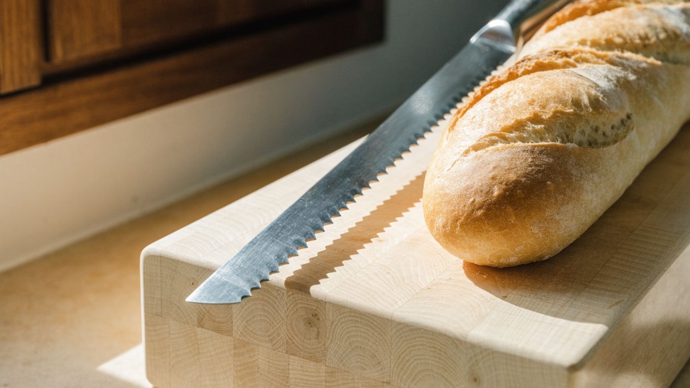 Long serrated knife beside a fresh baguette