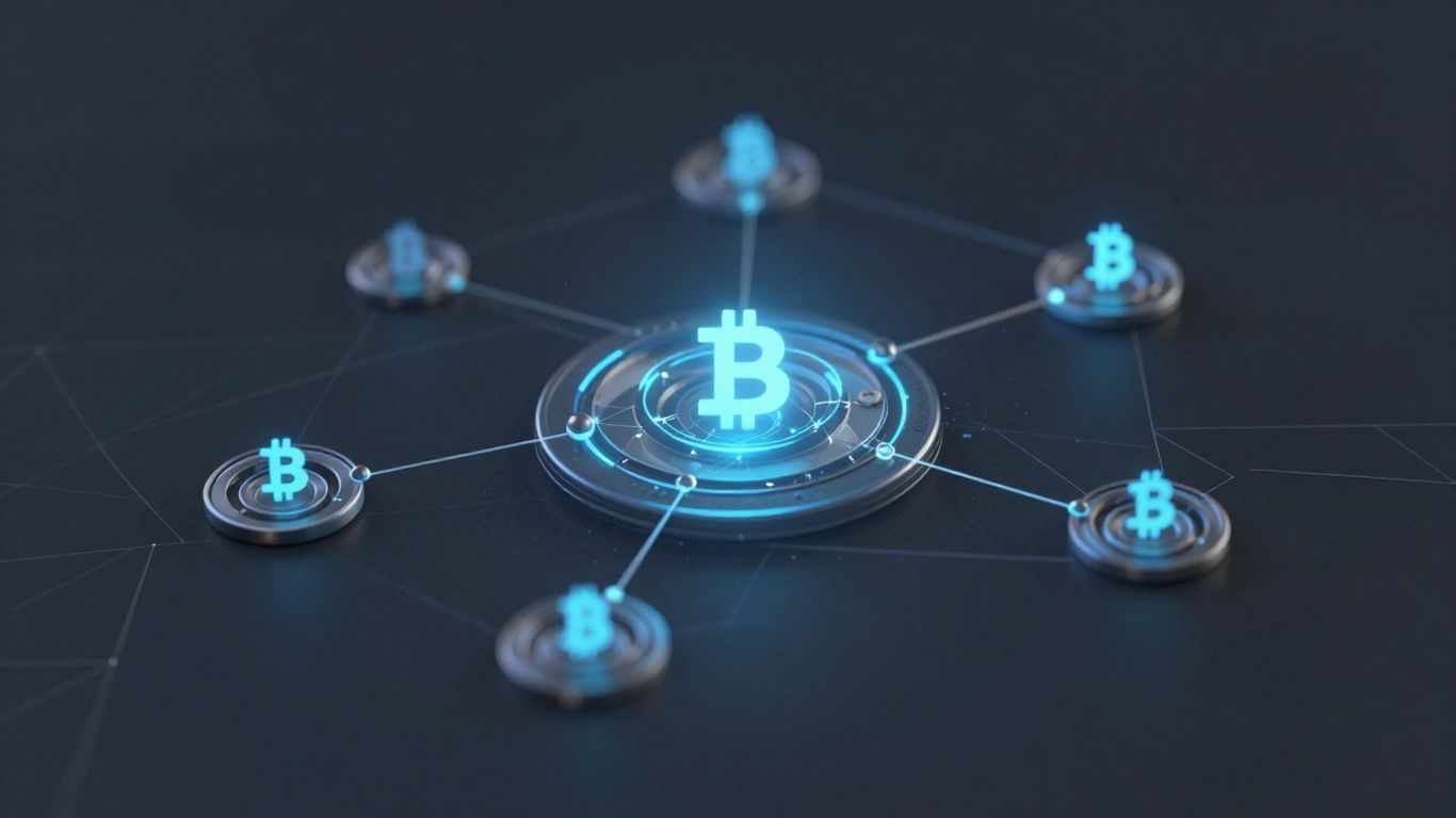 Modern digital wallet with crypto symbols and network connections.