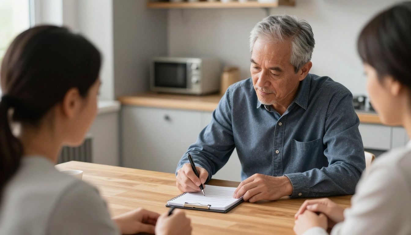 A compassionate home care supervisor sits at a kitchen table, listening intently to a family member who is discussing a care plan notebook.