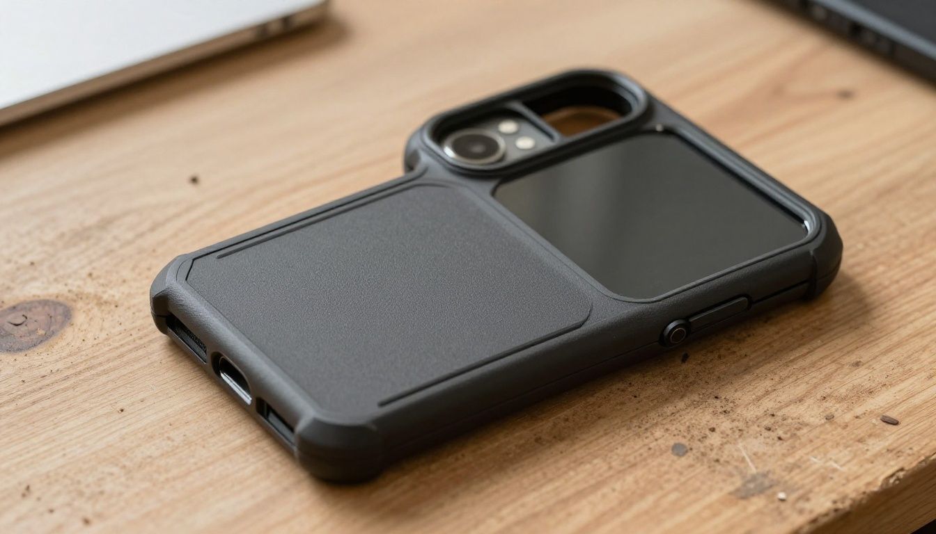 A rugged, heavy-duty phone case lying next to a generic smartphone on a dusty wooden workbench.