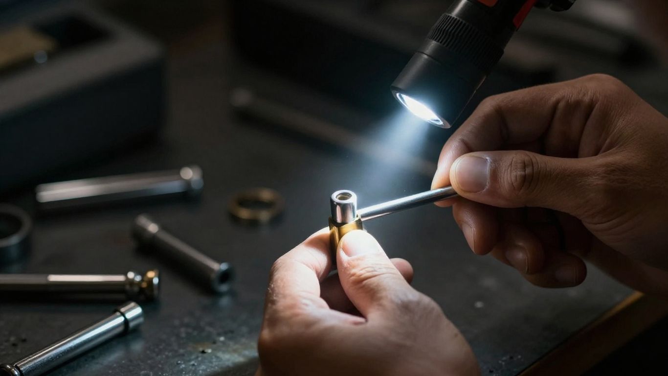 Locksmith working on a door lock at night.