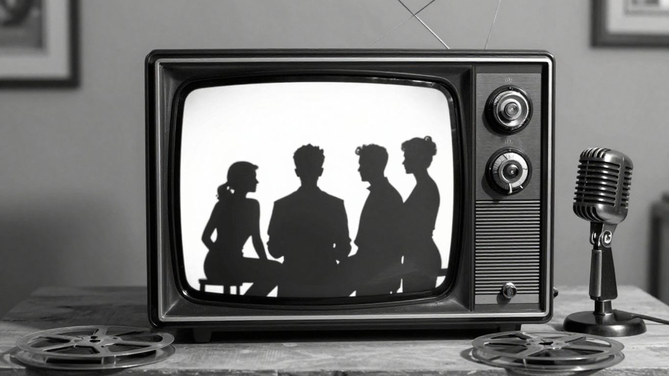 Vintage TV showing 1960s entertainment with microphone and film reel.