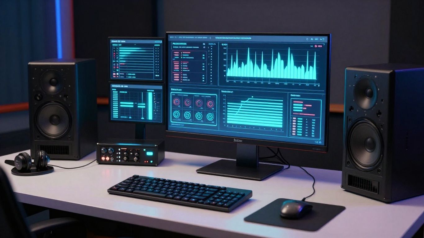 A futuristic music studio with neon lights