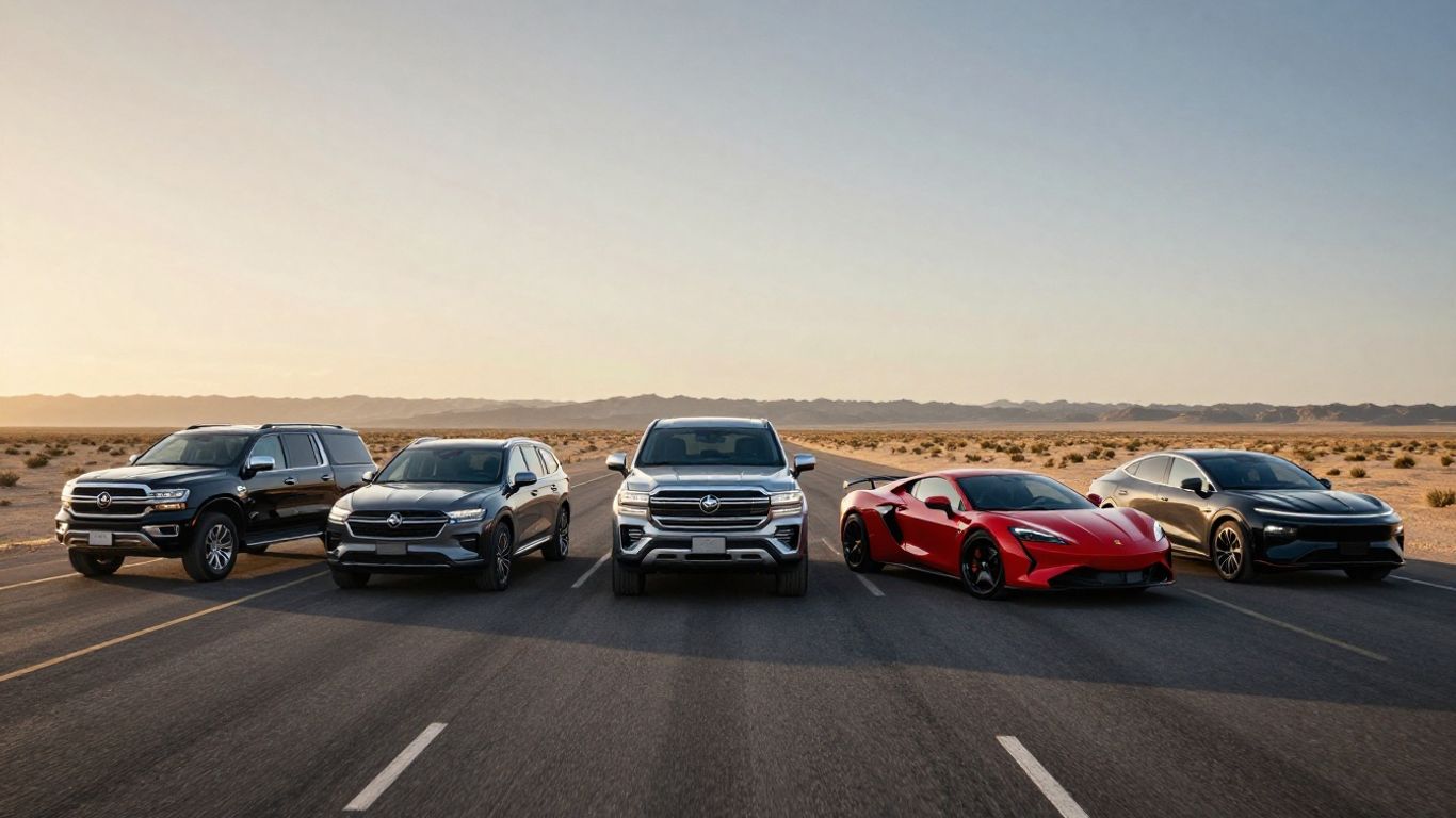American flagship vehicles outside a modern city