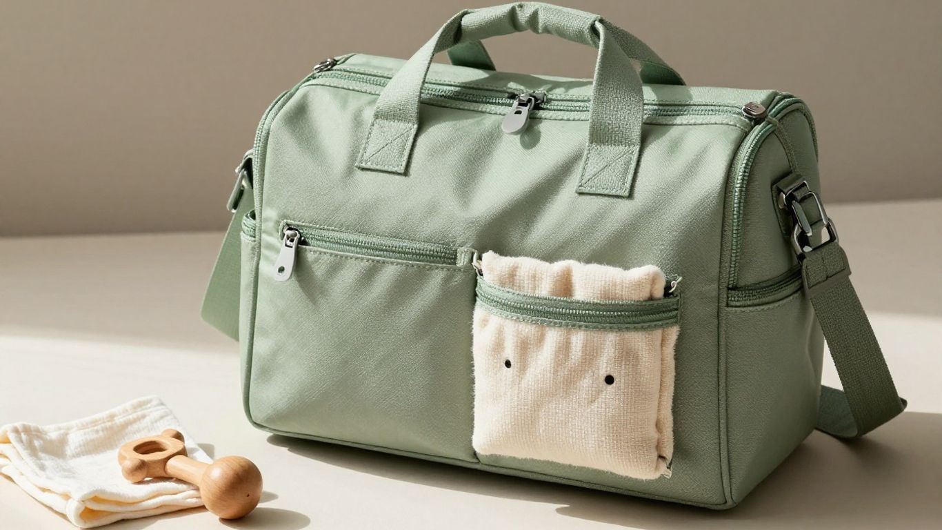 Eco-friendly green diaper bag with baby essentials.