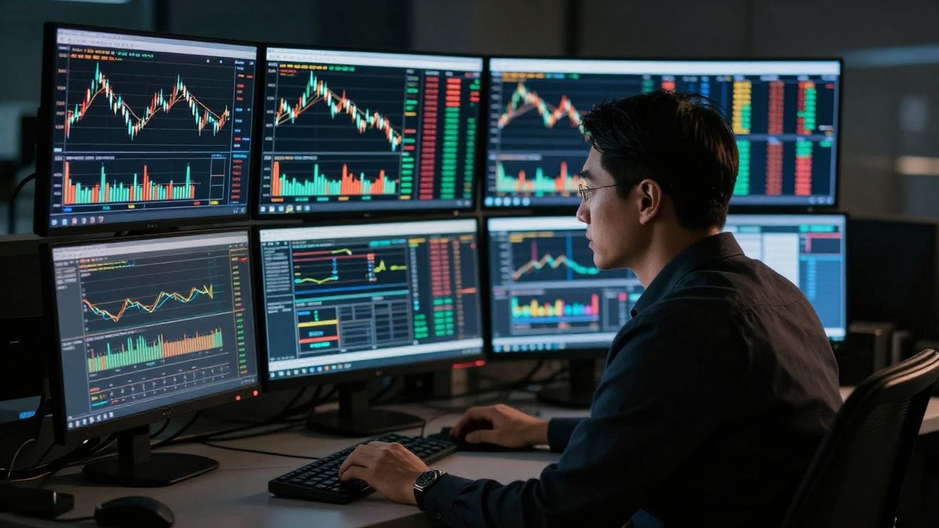 Professional trader analyzing charts on multiple screens