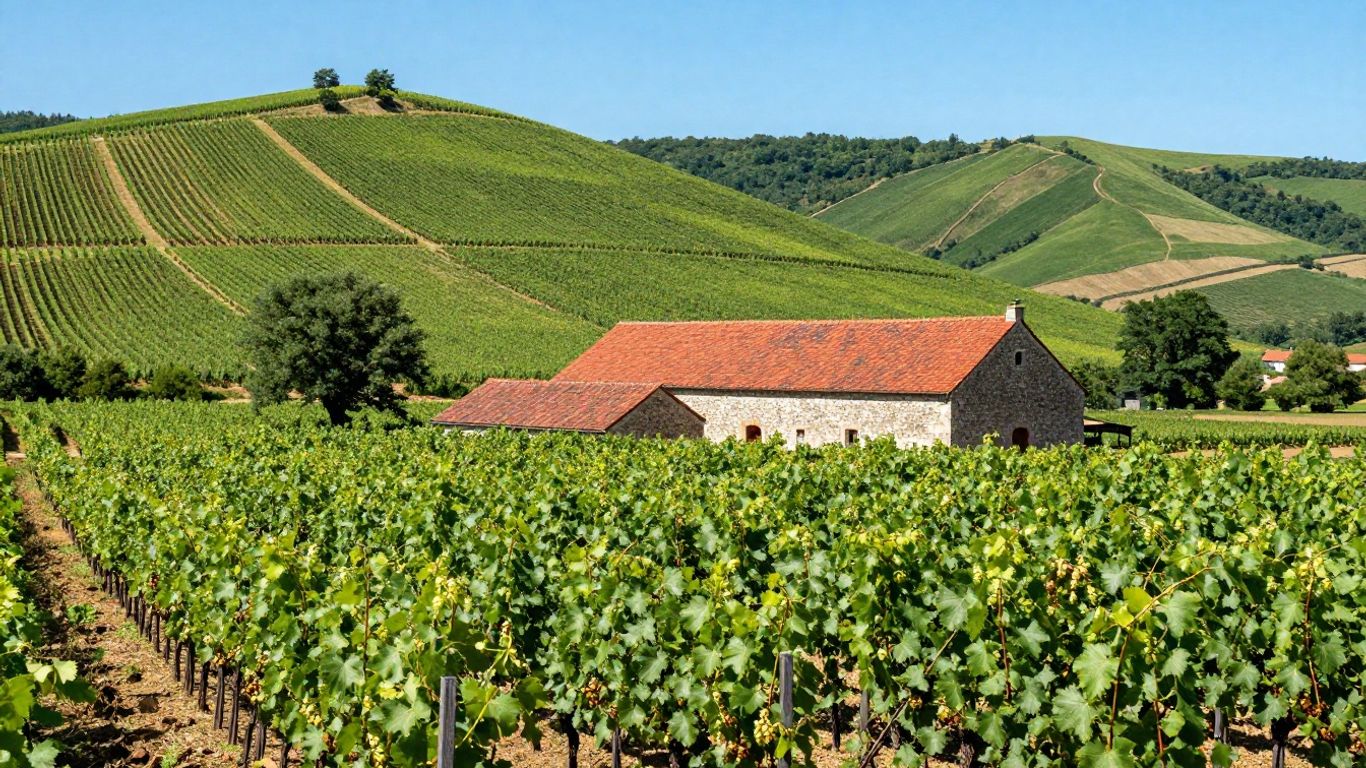 French vineyard with hops, rustic brewery, and rolling hills.