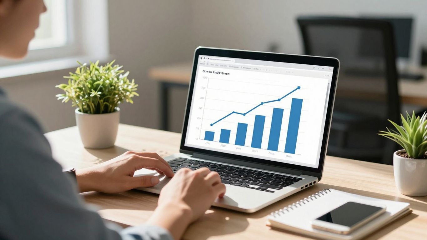 Business owner analyzing SEO growth on laptop.