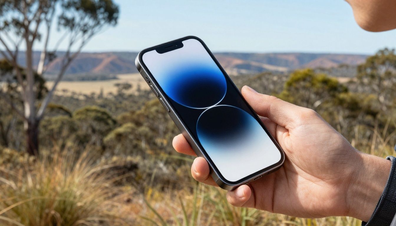 A person backpacking through a scenic Australian landscape, checking their iPhone 16e which is in a slim but sturdy travel case.
