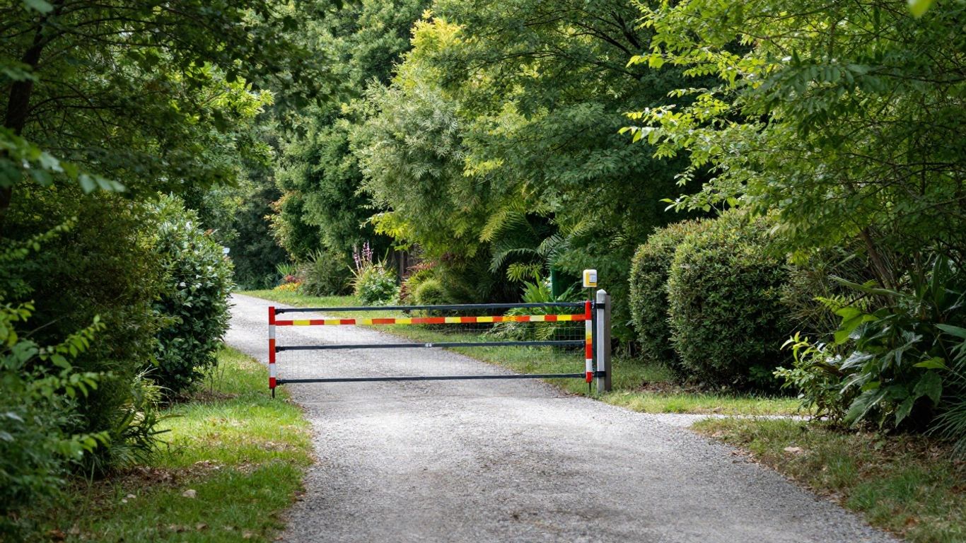 Rural driveway with cleared vegetation and a gate.