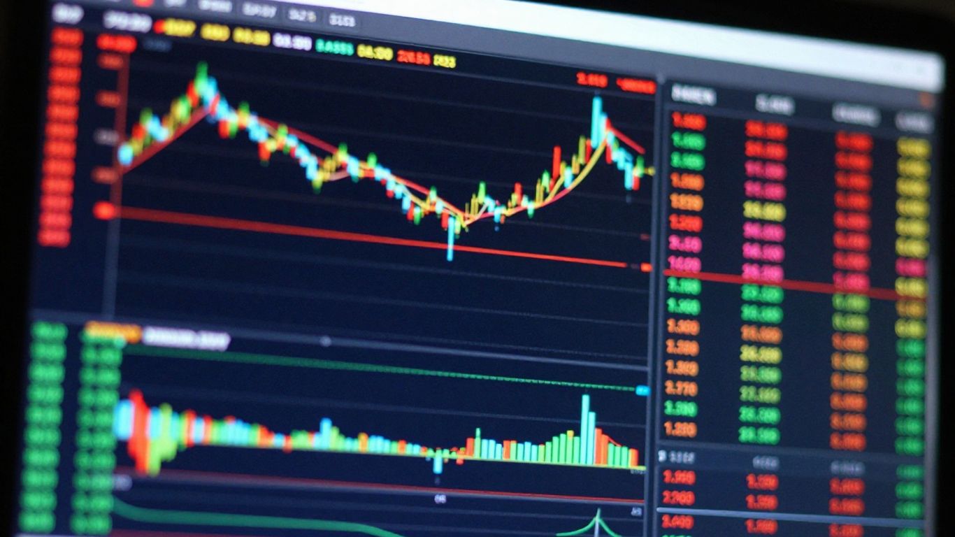 Trading platform interface with colorful digital patterns.