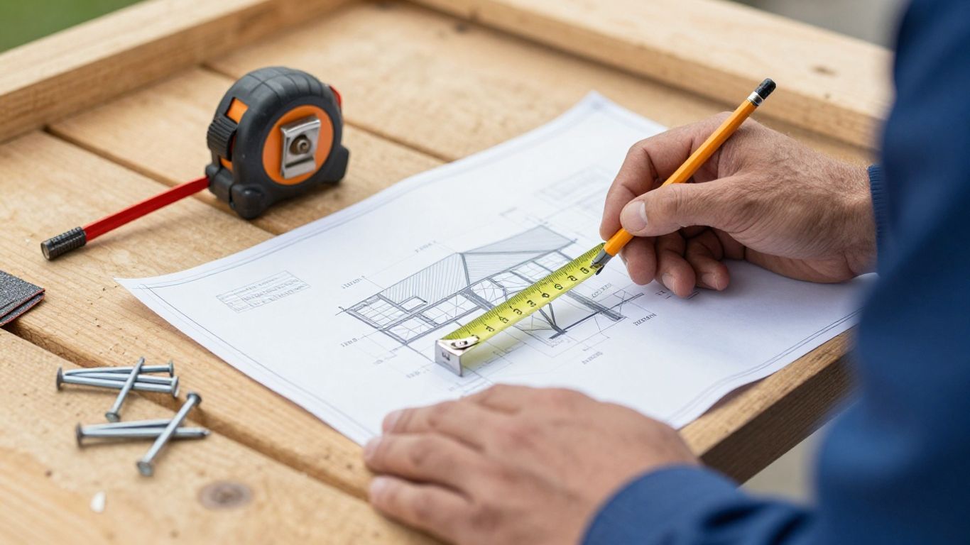 Contractor's hands with tools and roofing materials.